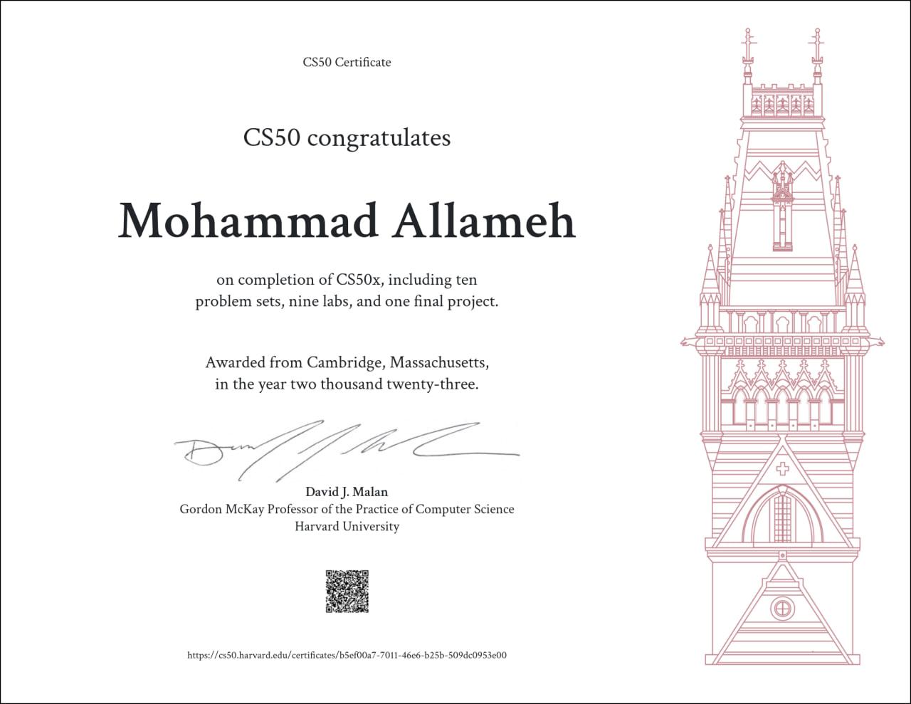 Harvard University cs50x course certificate